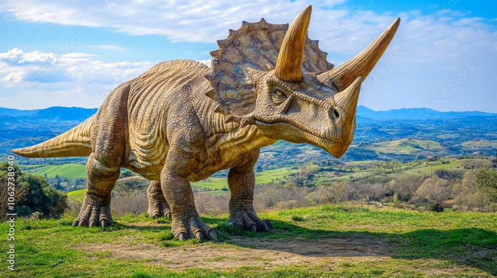 Triceratops Dinosaur Statue on Hilltop with Scenic View Triceratops Dinosaur Statue on Hilltop with Scenic View