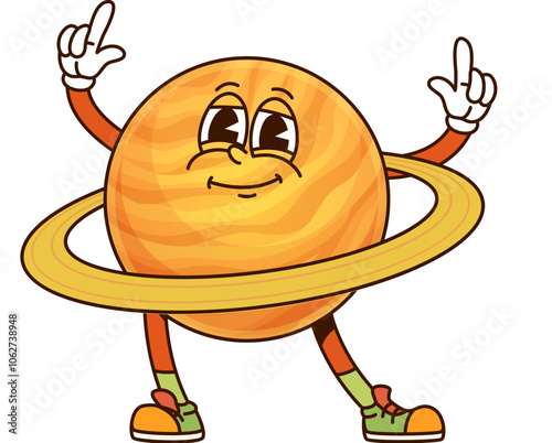 Saturn Solar system groovy planet character proudly displays its large rings while smiling and posing. Isolated cartoon vector space object with retro 60s and 70s vibes and trendy vintage sneakers