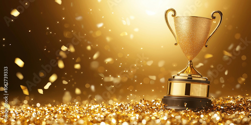 A golden trophy surrounded by sparkling confetti, symbolizing victory, achievement, and celebration in a festive atmosphere