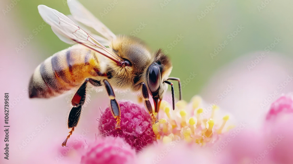 Honeybee collecting pollen on vibrant flowers, showcasing nature beauty and importance of pollinators in ecosystem Honeybee collecting pollen on vibrant flowers, showcasing nature beauty and importance of pollinators in ecosystem