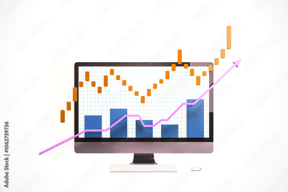 Computer screen displaying a financial graph with rising trends and colorful bars. 3D Rendering