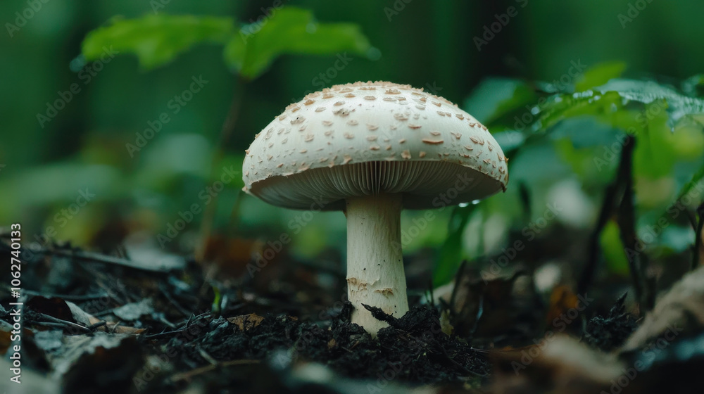 Delicate mushroom cap with water droplets, surrounded by lush greenery, showcasing nature beauty and tranquility