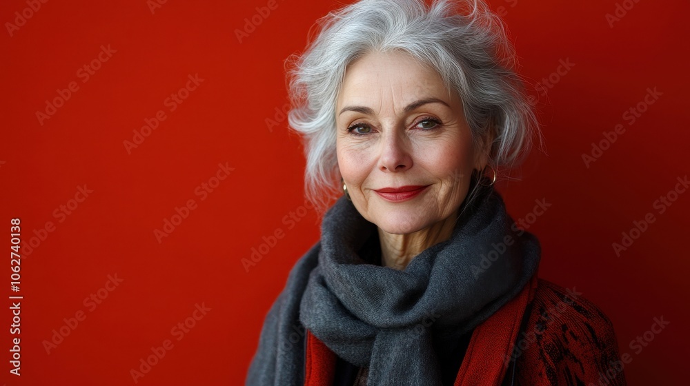 A kind elderly woman with grey hair posing on a red background. Generative AI. A kind elderly woman with grey hair posing on a red background. Generative AI.