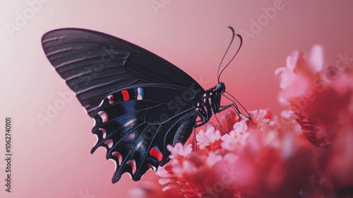 macro shot of butterfly resting on pink flower, showcasing its vibrant wings and delicate features. image captures beauty of nature and intricate details of butterfly