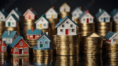 numerous homes with a huge coin stack, concept for real estate investment, revenue, taxes, and passive income,