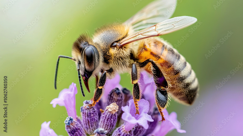 tiny bee pollinating vibrant lavender flower, showcasing nature beauty and essential role of pollinators in ecosystem