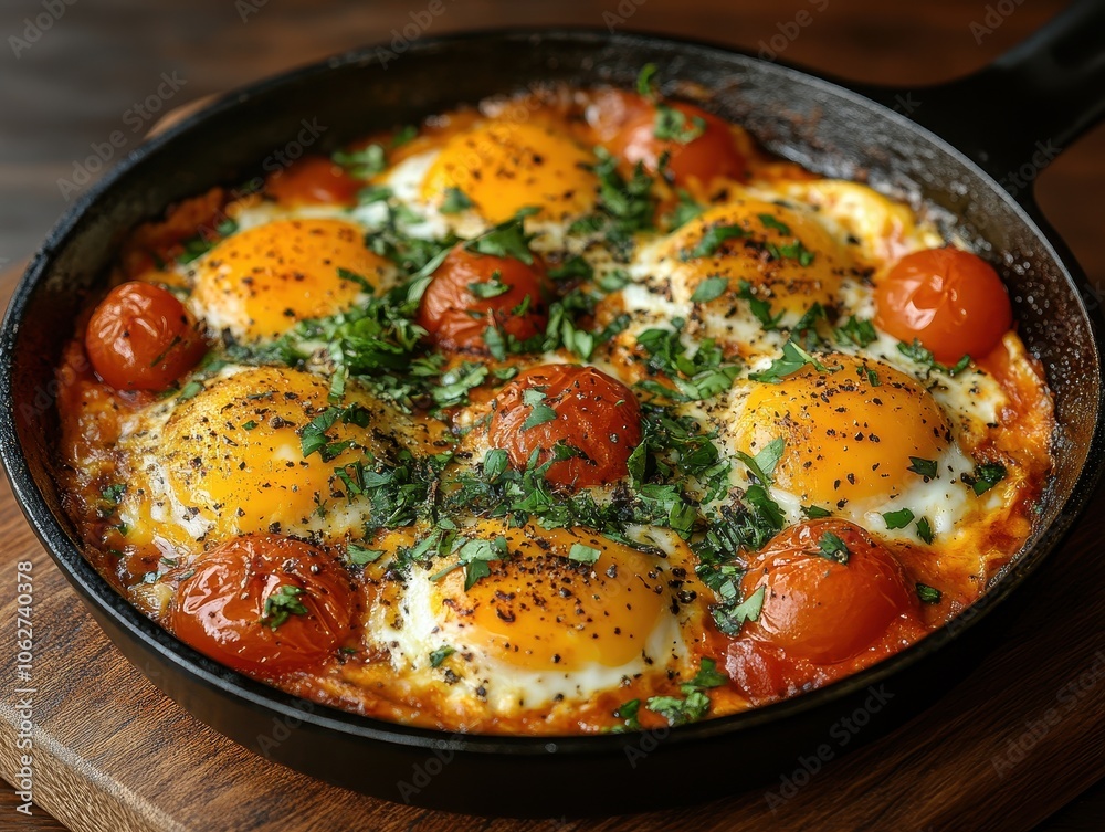 Tunisian shakshuka served in a skillet, bright red tomatoes, green peppers, topped with a hint of cilantro, inviting and flavorful dish Tunisian shakshuka served in a skillet, bright red tomatoes, green peppers, topped with a hint of cilantro, inviting and flavorful dish