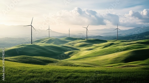 Wind turbines standing on rolling green hills under a colorful sunset sky, illustrating renewable energy in a serene landscape.