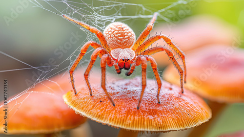 Intricate spider weaving web on vibrant orange mushrooms, showcasing nature beauty and detail. scene captures delicate balance of life in forest setting photo