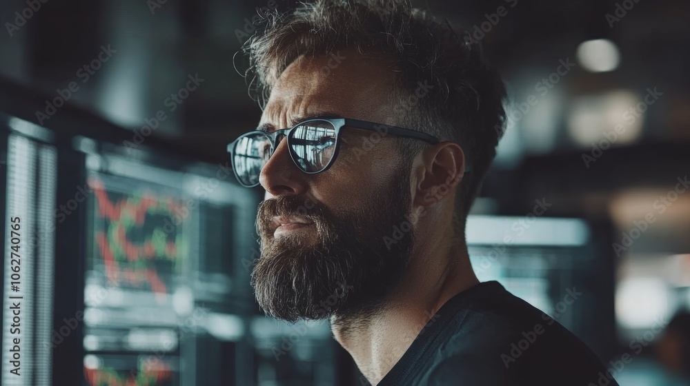 Focused Businessman with Beard Looking at Computer Screens Focused Businessman with Beard Looking at Computer Screens