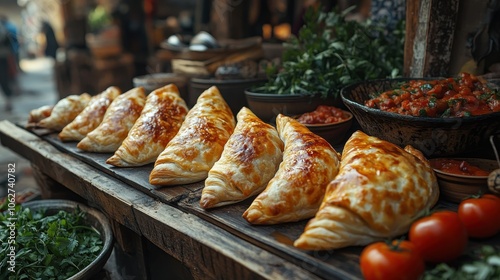 Uzbek Samsa Pastries, savory meat-filled delights, gently illuminated, elegantly presented with a touch of minimal garnish