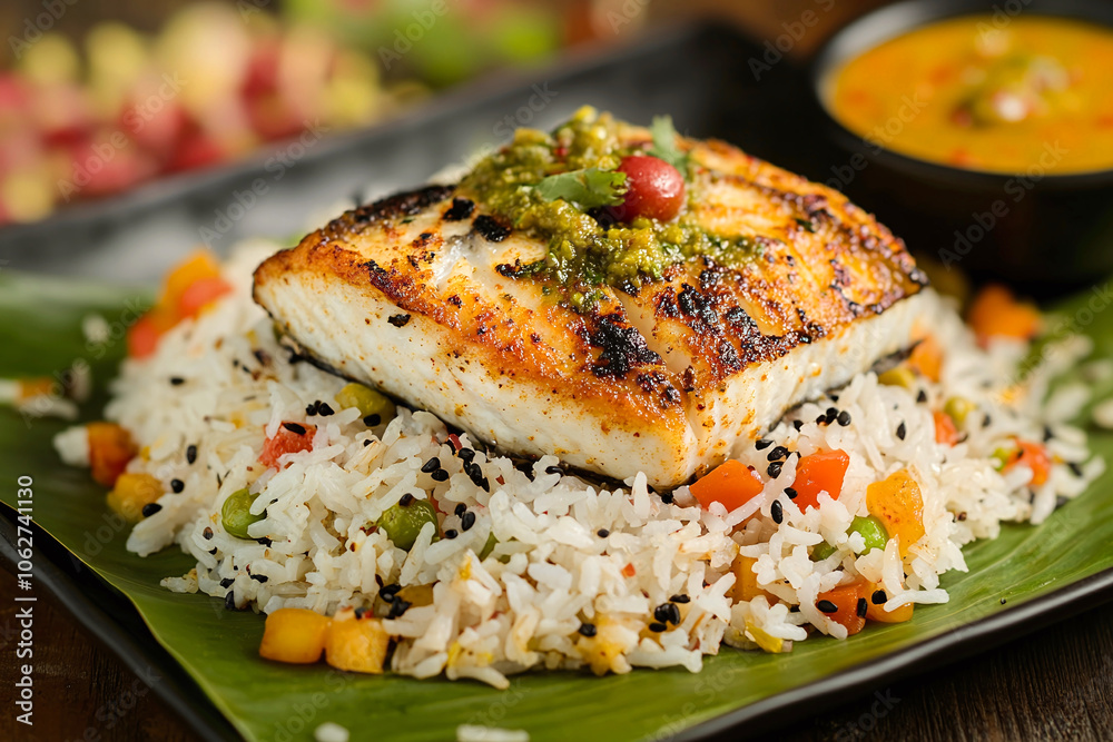 Grilled salmon with rice placed in banana leaf Grilled salmon with rice placed in banana leaf