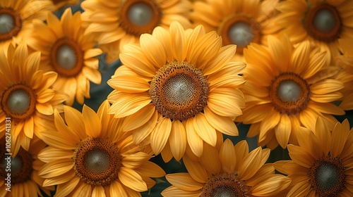 A vibrant display of sunflowers in full bloom, showcasing their bright yellow petals.