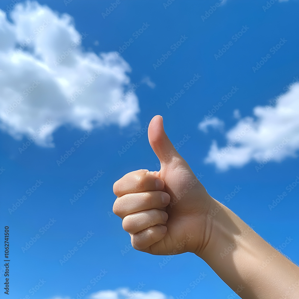 A hand making a thumbs up gesture with a blue sky background A hand making a thumbs up gesture with a blue sky background