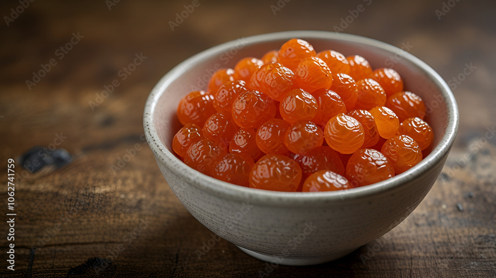 Close-up of a bowl with bright orange salmon roe, copy space for food photography Close-up of a bowl with bright orange salmon roe, copy space for food photography