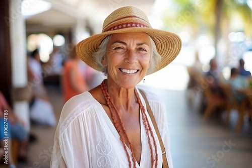 Portrait of happy senior woman in hat at beach resort on summer vacation