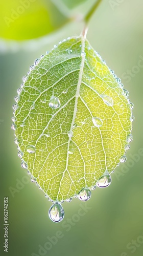 A macro shot of a vibrant green leaf covered in tiny dewdrops, each drop reflecting light like tiny prisms. The intricate network of veins on the leaf is sharply detailed, with textures that appear al photo