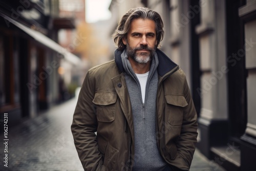 Handsome middle aged man with gray hair and beard, wearing a beige jacket, standing in the street, looking at camera