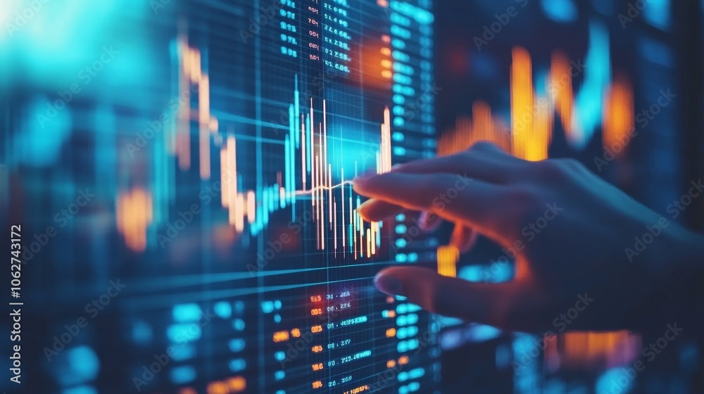 Hand Interacting with Stock Market Data on Screen Hand Interacting with Stock Market Data on Screen