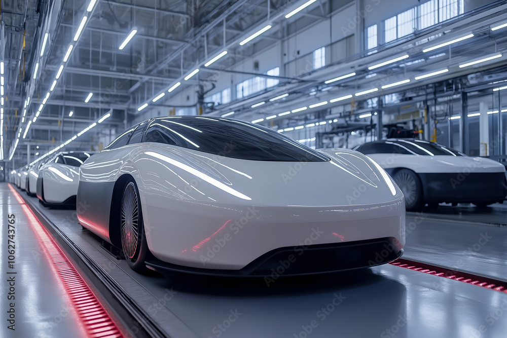 Obraz premium Automated futuristic electric cars factory production.