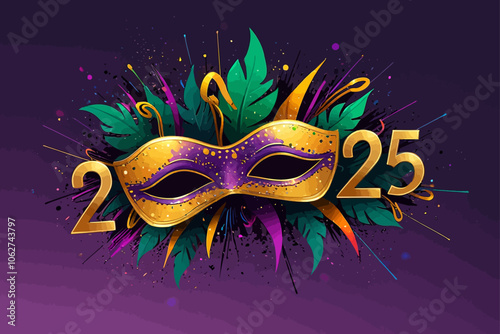 mardi gras year 2025  illustration purple yellow green background AI generated image