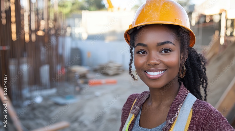 Smiling and cheerful young black woman or senior worker in construction industry standing at construction site. Smiling and cheerful young black woman or senior worker in construction industry standing at construction site.