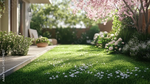 Wallpaper Mural Beautiful house backyard with fresh green grass Torontodigital.ca