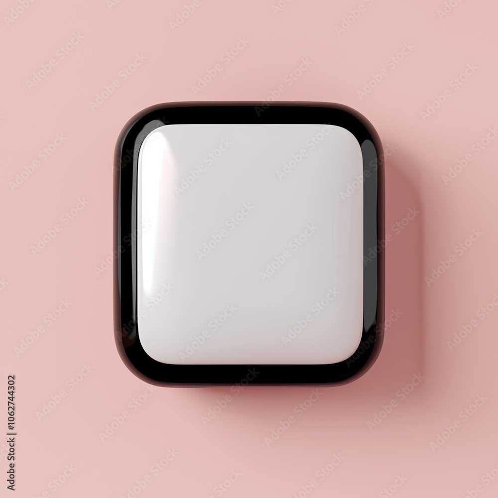 A sleek, minimalistic white button with a black border set against a soft pink background.