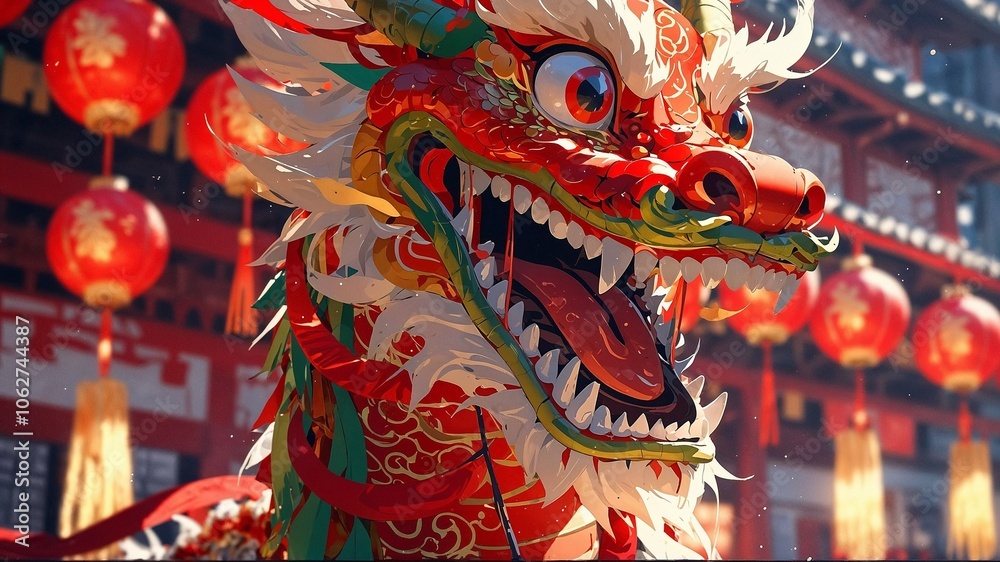 Fototapeta premium Chinese dragon in festive attire, vibrant anime style background