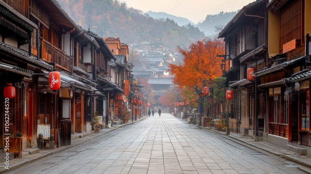 Traditional Japanese Street with Red Lanterns and Autumn Foliage Traditional Japanese Street with Red Lanterns and Autumn Foliage