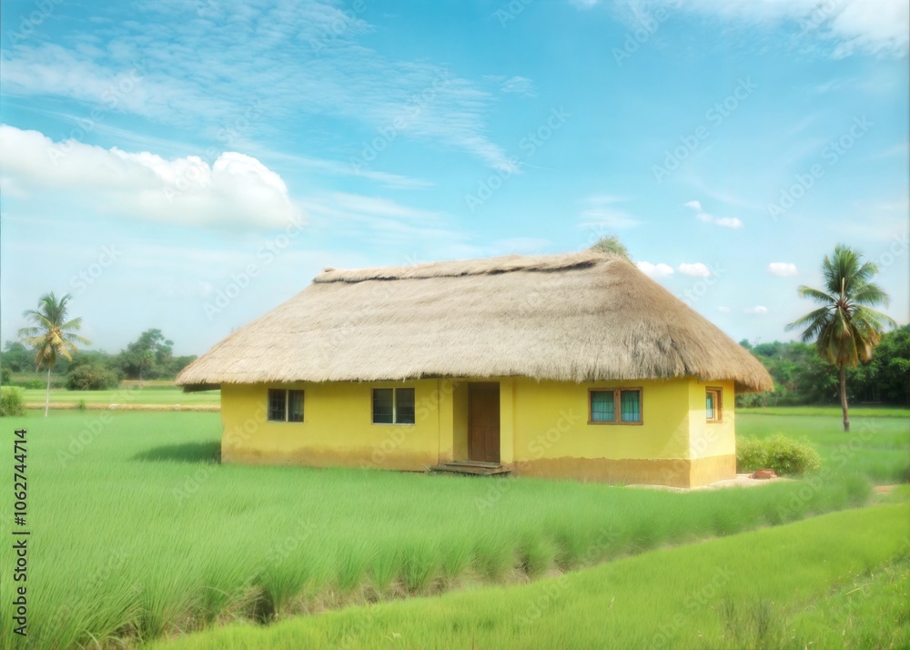 village photography of yellow thatched roof house in verdant landscape under clear blue sky village photography of yellow thatched roof house in verdant landscape under clear blue sky