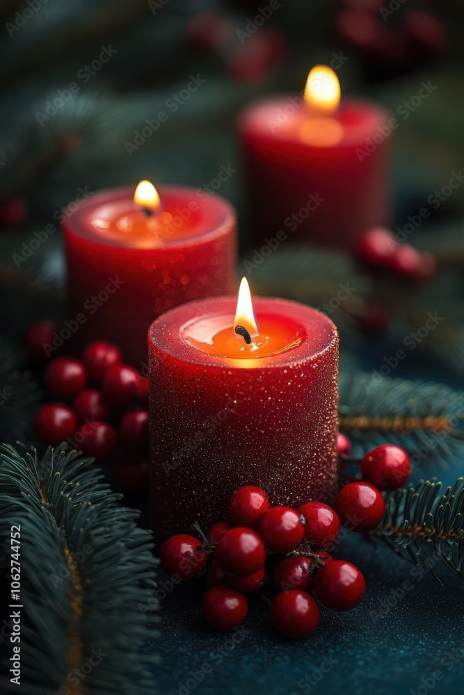Christmas red berries and candles with green tree branches on a fuzzy background Christmas red berries and candles with green tree branches on a fuzzy background