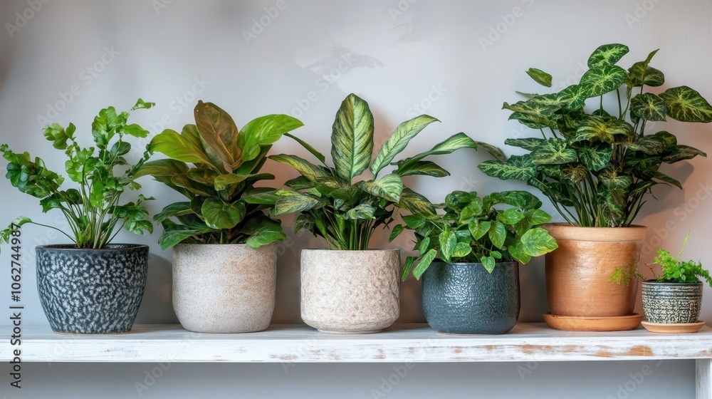Collection of various houseplants displayed in ceramic pots with transparent background. Potted exotic house plants on white shelf against white wall. Home garden banner. Collection of various houseplants displayed in ceramic pots with transparent background. Potted exotic house plants on white shelf against white wall. Home garden banner.