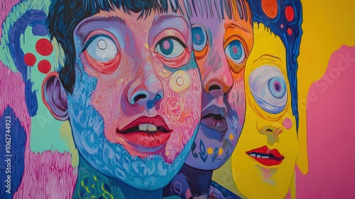 Colorful portrait painting of three faces.