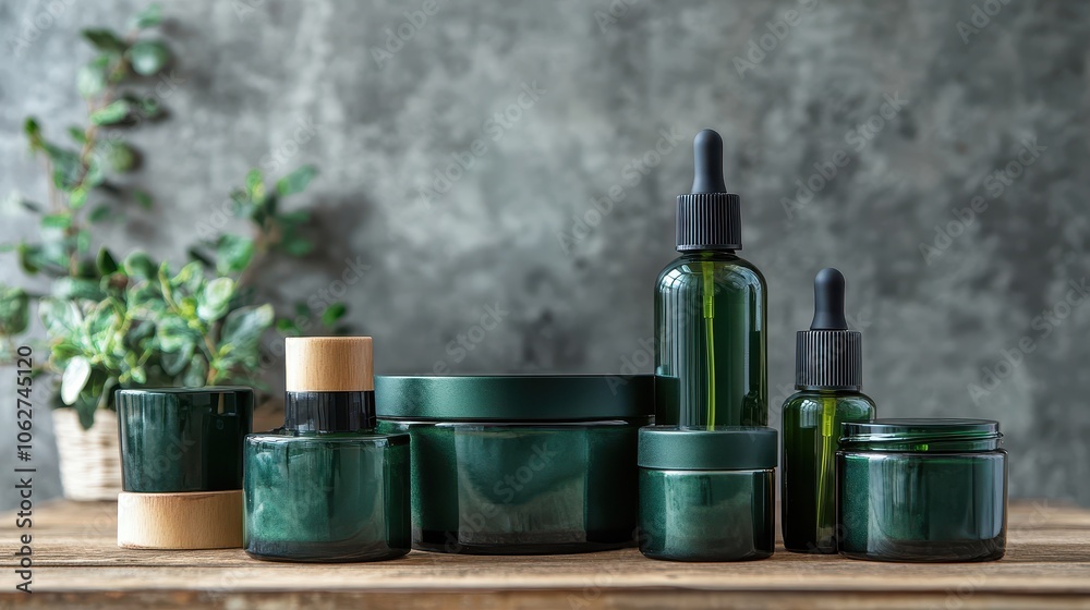 Essentials Skincare set bottle green container. Essentials Skincare set bottle green container.