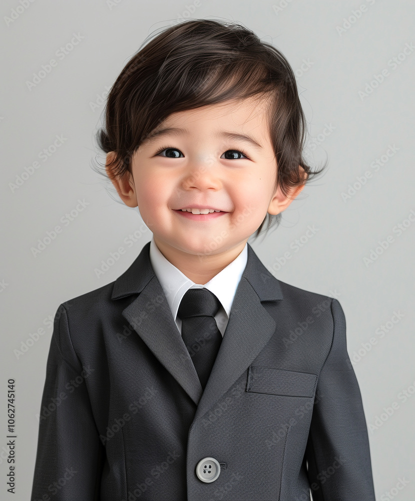A cheerful young child wearing a tailored black suit and tie, smiling confidently against a neutral background, generative ai A cheerful young child wearing a tailored black suit and tie, smiling confidently against a neutral background, generative ai