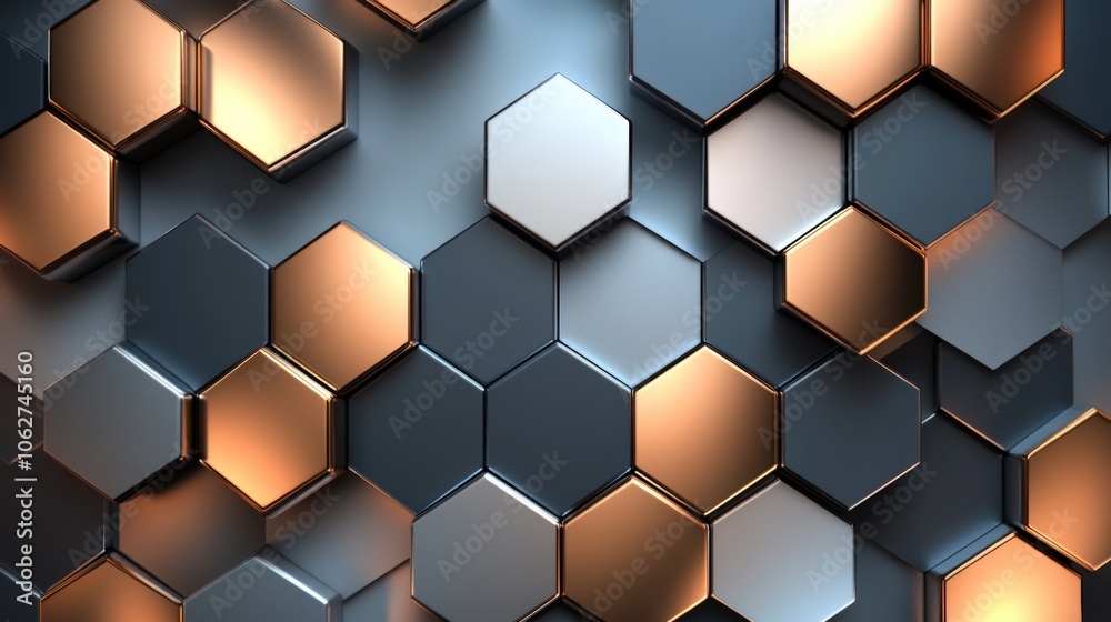 Geometric hexagon pattern in gold, silver, and black. Geometric hexagon pattern in gold, silver, and black.