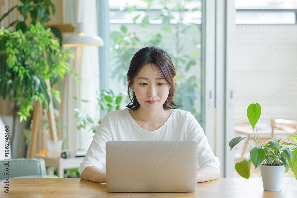 A young woman sits at a wooden table using a laptop, surrounded by indoor plants in a well-lit, modern home setting, generative ai A young woman sits at a wooden table using a laptop, surrounded by indoor plants in a well-lit, modern home setting, generative ai