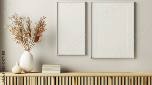 A stylish, minimalist interior setup featuring a blank frame on a wall, a vase with decorative branches, and a stack of books, generative ai