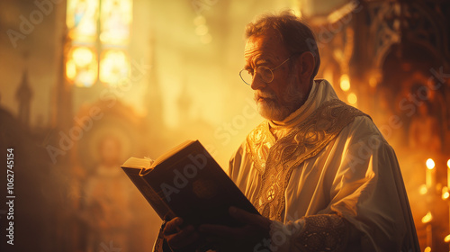 An elderly priest in ornate robes reads from a holy book in a warmly lit church with stained glass and religious ambiance, generative ai