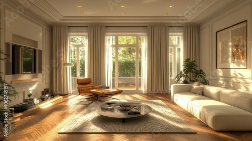 The living room is modern and has parquet flooring with chic furniture.