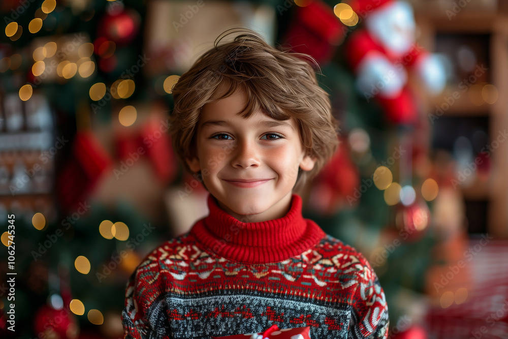 Smiling boy in a festive sweater holding a wrapped Christmas gift, with a decorated tree and holiday lights in the background, generative ai Smiling boy in a festive sweater holding a wrapped Christmas gift, with a decorated tree and holiday lights in the background, generative ai