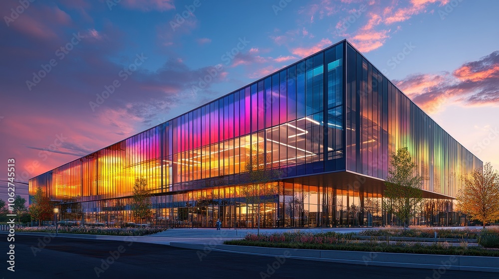 Modern building with colorful glass panels at dusk. Generative AI image Modern building with colorful glass panels at dusk. Generative AI image