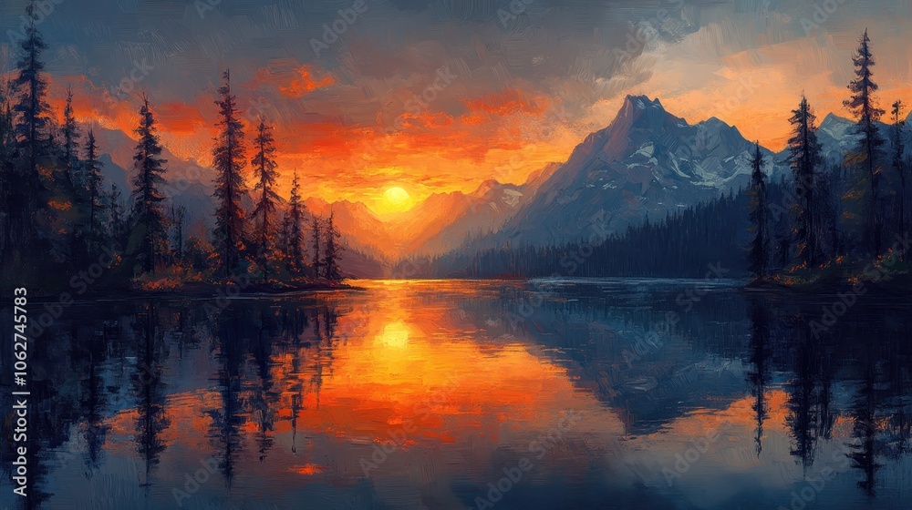 Fototapeta premium sunset in the mountains at a calm lake that creates a perfect reflection