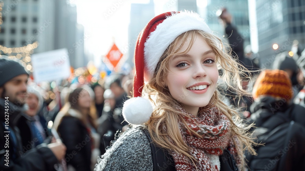 young woman in festive Santa hat smiles joyfully amidst bustling city crowd during holiday celebration. atmosphere is lively and cheerful, with people enjoying festive season young woman in festive Santa hat smiles joyfully amidst bustling city crowd during holiday celebration. atmosphere is lively and cheerful, with people enjoying festive season