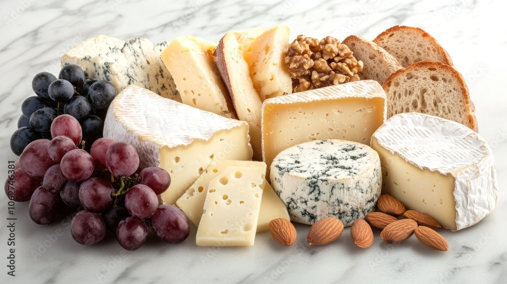 Assortment of Cheese, Grapes, Bread, Walnuts, and Almonds Assortment of Cheese, Grapes, Bread, Walnuts, and Almonds