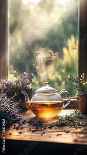 A glass teapot filled with steaming herbal tea, surrounded by fresh lavender, chamomile flowers, and dried herbs photo