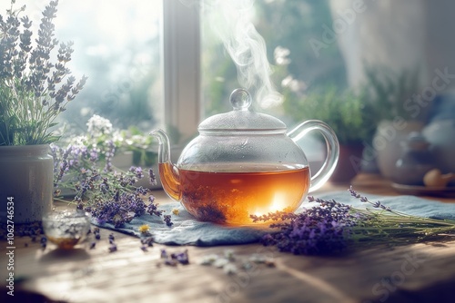 A glass teapot filled with steaming herbal tea, surrounded by fresh lavender, chamomile flowers, and dried herbs photo