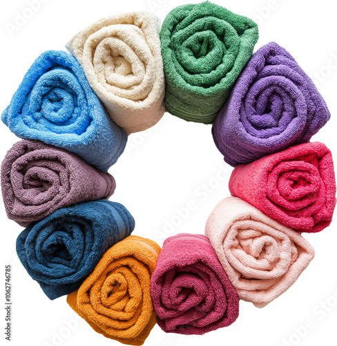 Colorful rolled towels in a circular arrangement on transparent background, home decor and spa concept