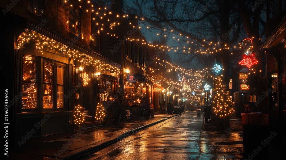 Twinkling lights adorn a delightful street, bringing a cozy and festive glow to the chilly evening. Twinkling lights adorn a delightful street, bringing a cozy and festive glow to the chilly evening.